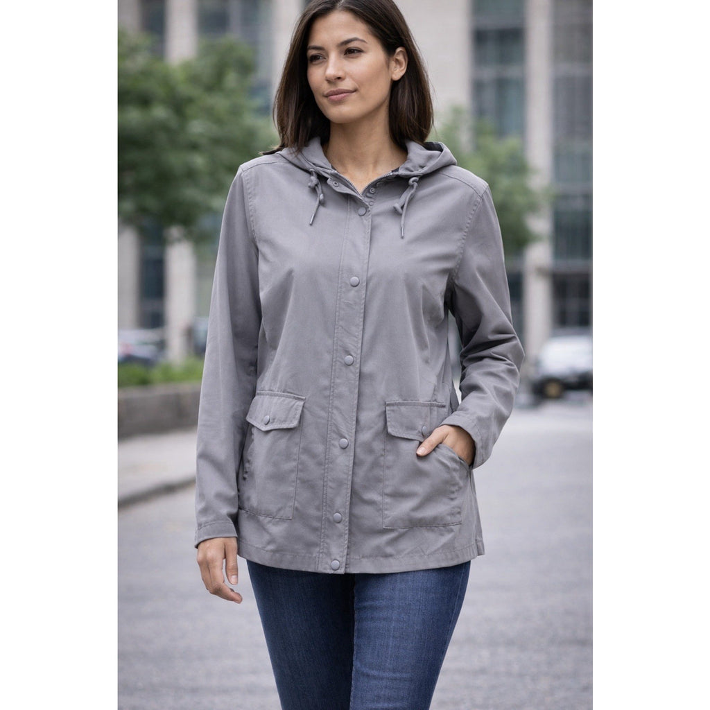 Oxford Golf Women’s Hooded Jacket Gray Snap Front Stretch Lightweight Utility M