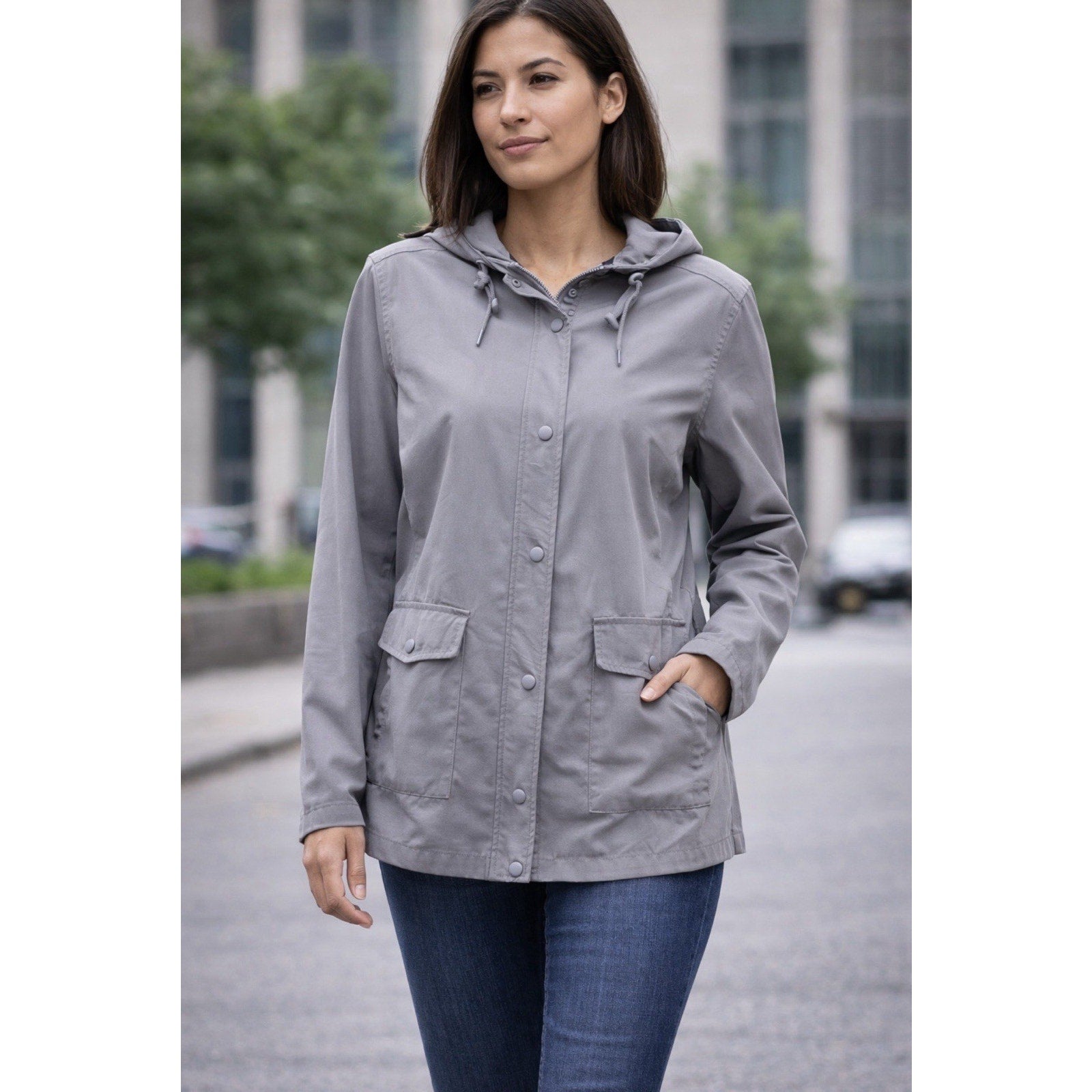 Oxford Golf Women’s Hooded Jacket Gray Snap Front Stretch Lightweight Utility M