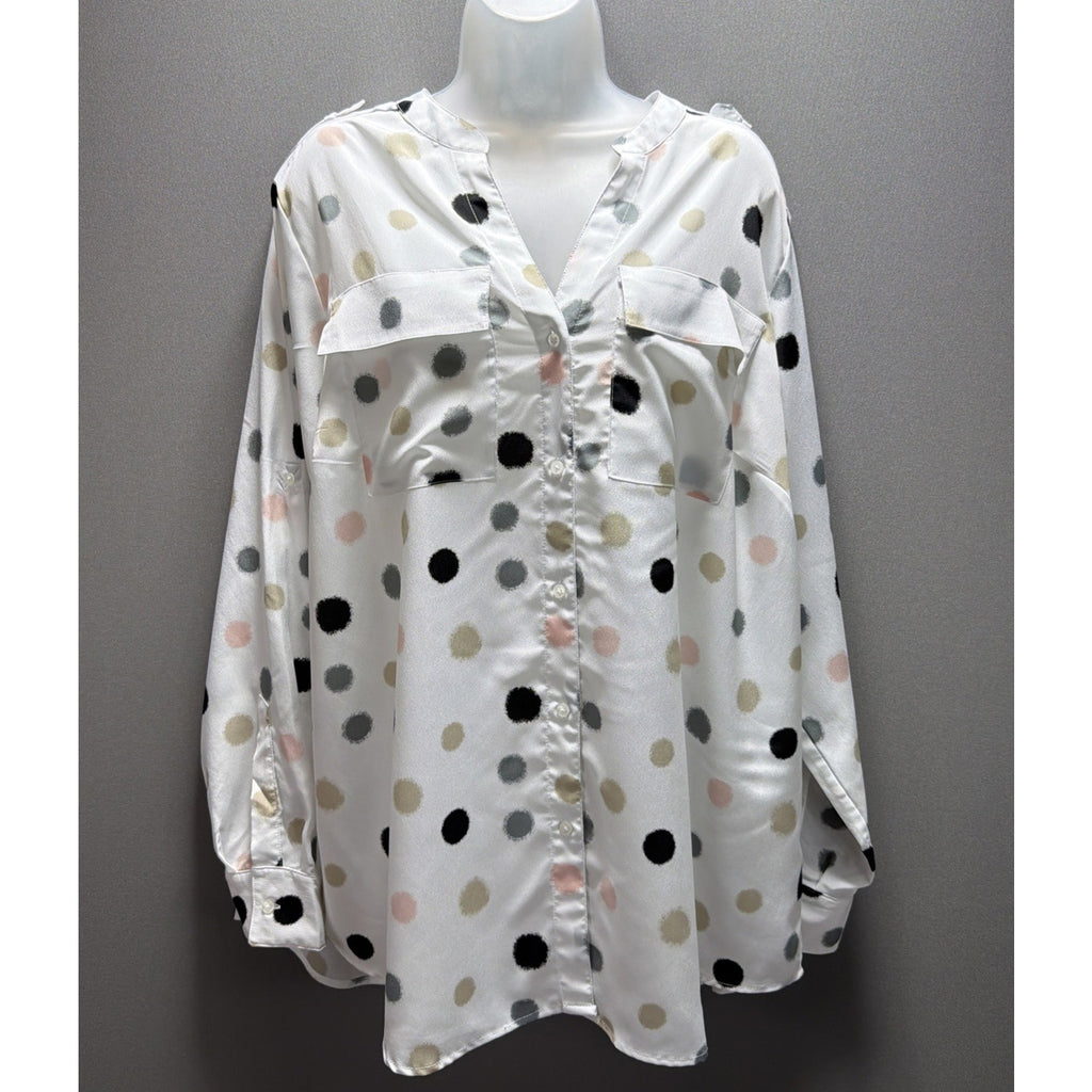 Calvin Klein White Multi Polka Dot LS Blouse Split V-Neck Plus Size 1X
