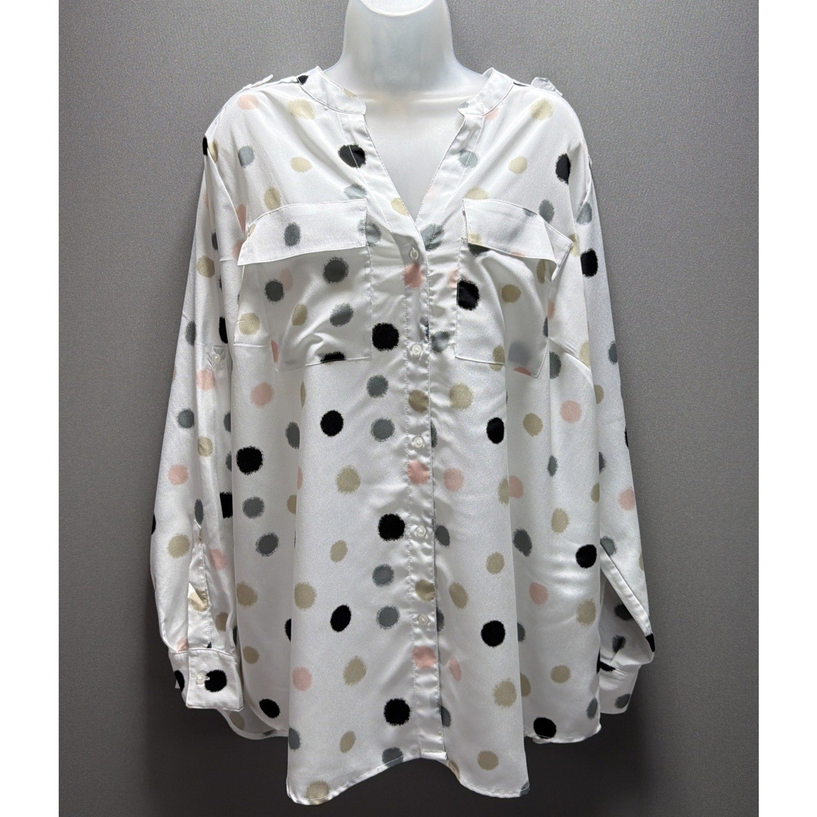 Calvin Klein White Multi Polka Dot LS Blouse Split V-Neck Plus Size 1X