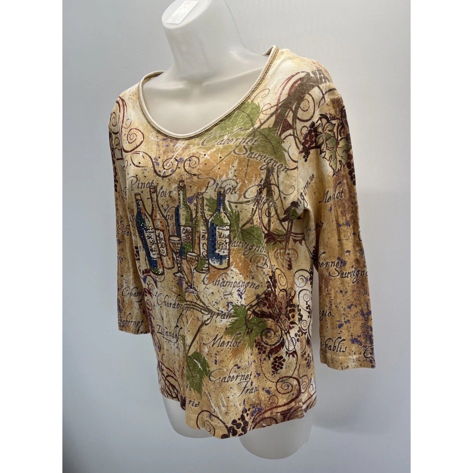 Cactus Bay Tattoo Print Womens S 3/4 Sleeve Top Merlot Wine Glasses Made USA