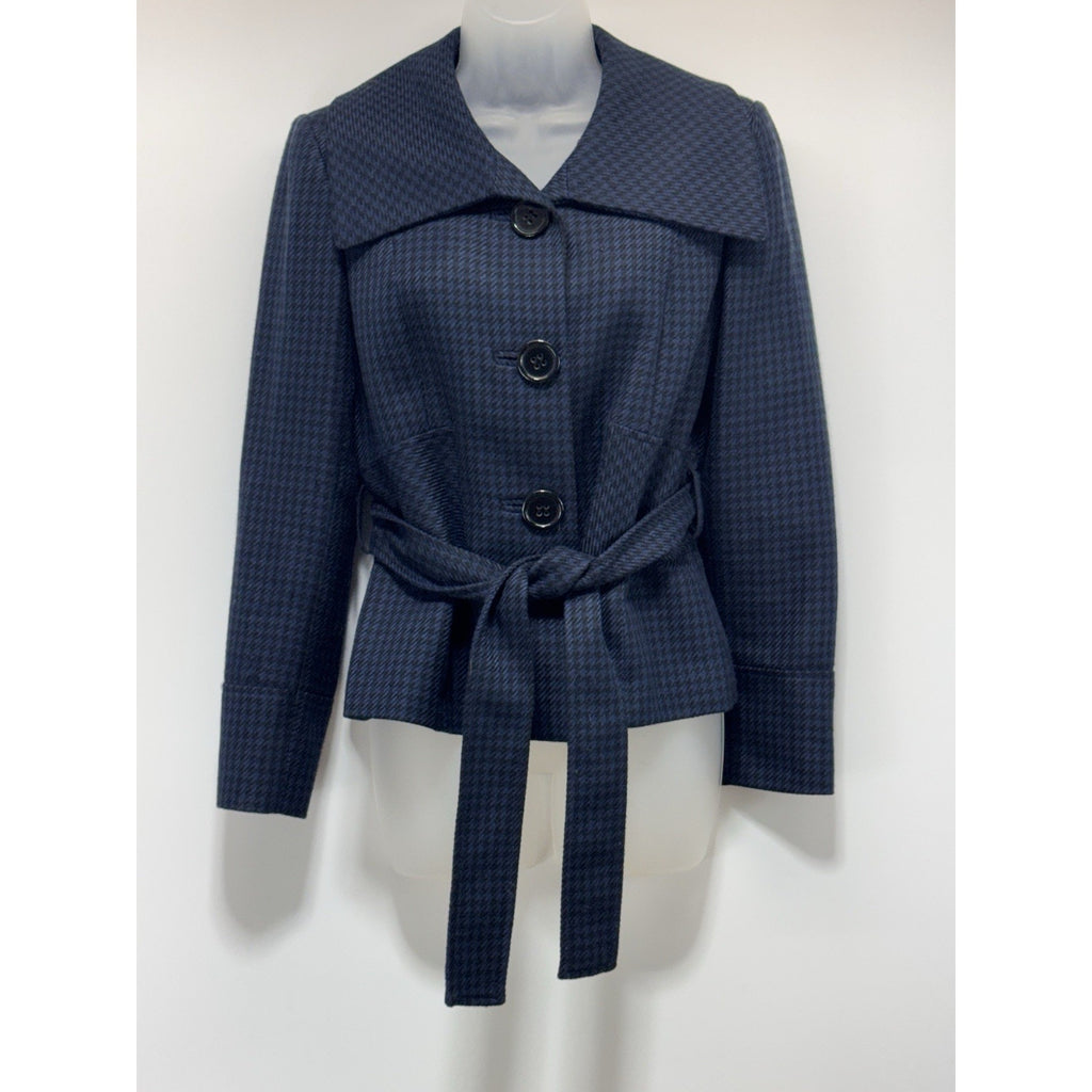 Tahari Levine Isabella Demarco Black Navy Houndstooth Tie Waist Blazer Jacket 6