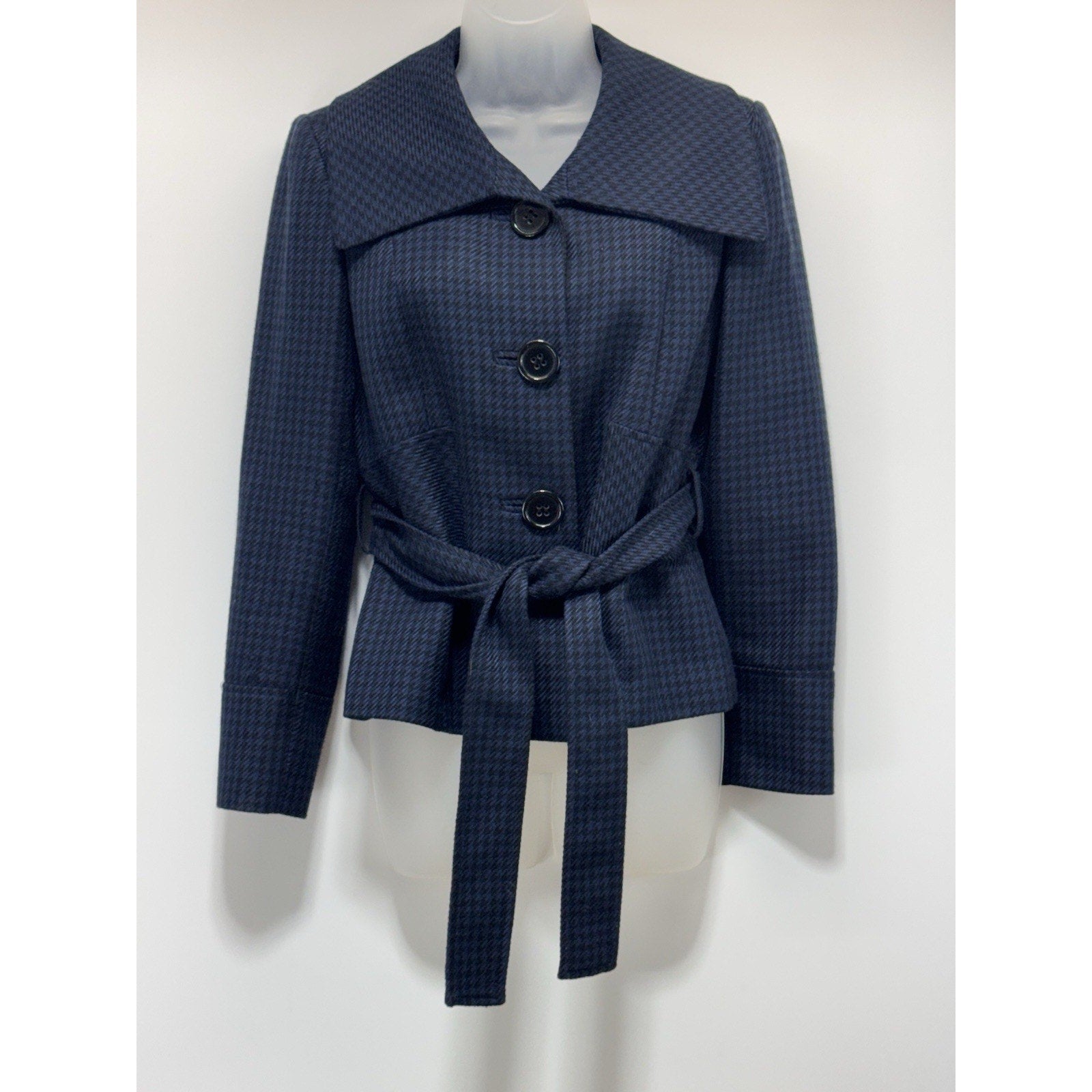 Tahari Levine Isabella Demarco Black Navy Houndstooth Tie Waist Blazer Jacket 6