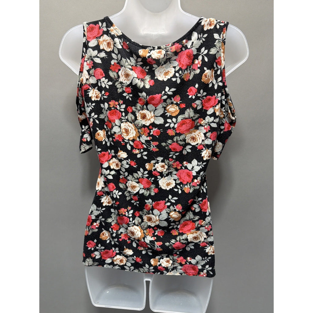 Free Kisses Black floral short sleeve Cut out V Neck Cold Shoulder Top size M