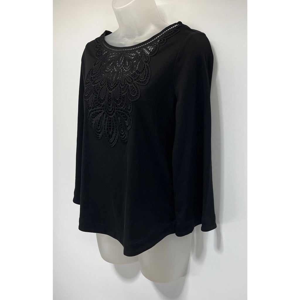 Chico's Black Lace Inset Cotton Top Women's 00 XS 3/4 Sleeves