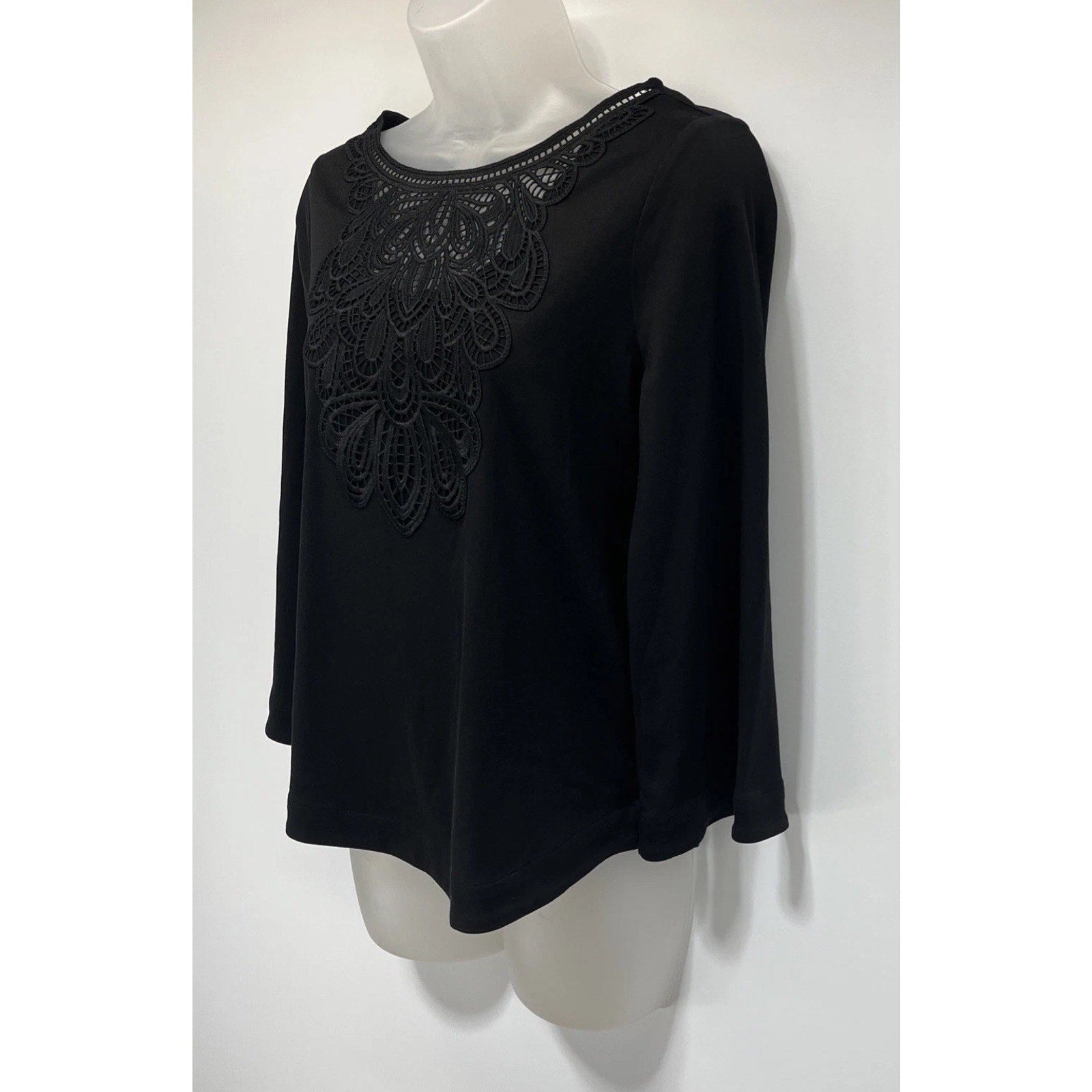 Chico's Black Lace Inset Cotton Top Women's 00 XS 3/4 Sleeves