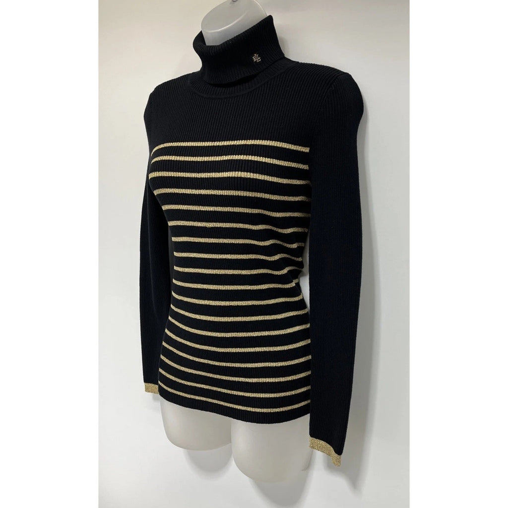 Lauren Ralph Lauren black golden metallic stripped turtle neck sweater size S