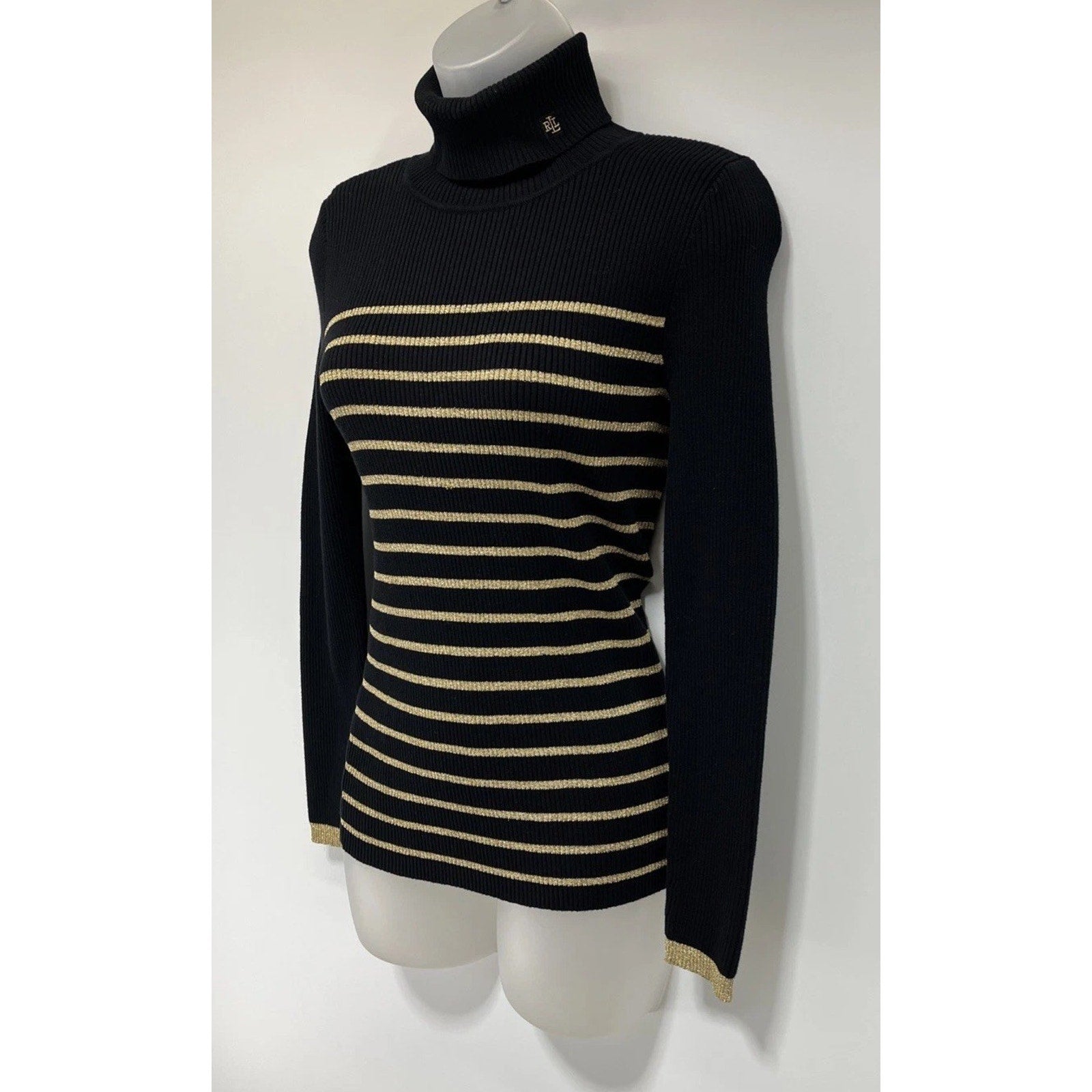 Lauren Ralph Lauren black golden metallic stripped turtle neck sweater size S