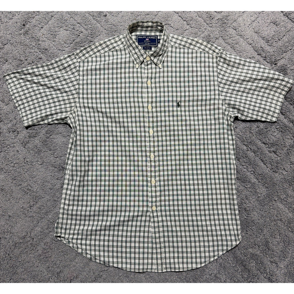 Ralph Lauren Sport Shirt Mens Large Green Plaid Button Down Short Sleeve Vintage
