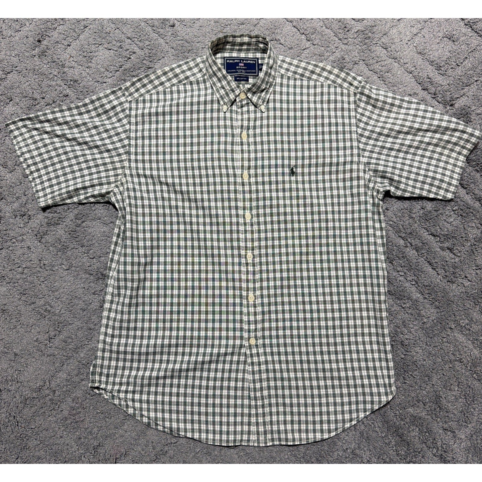 Ralph Lauren Sport Shirt Mens Large Green Plaid Button Down Short Sleeve Vintage