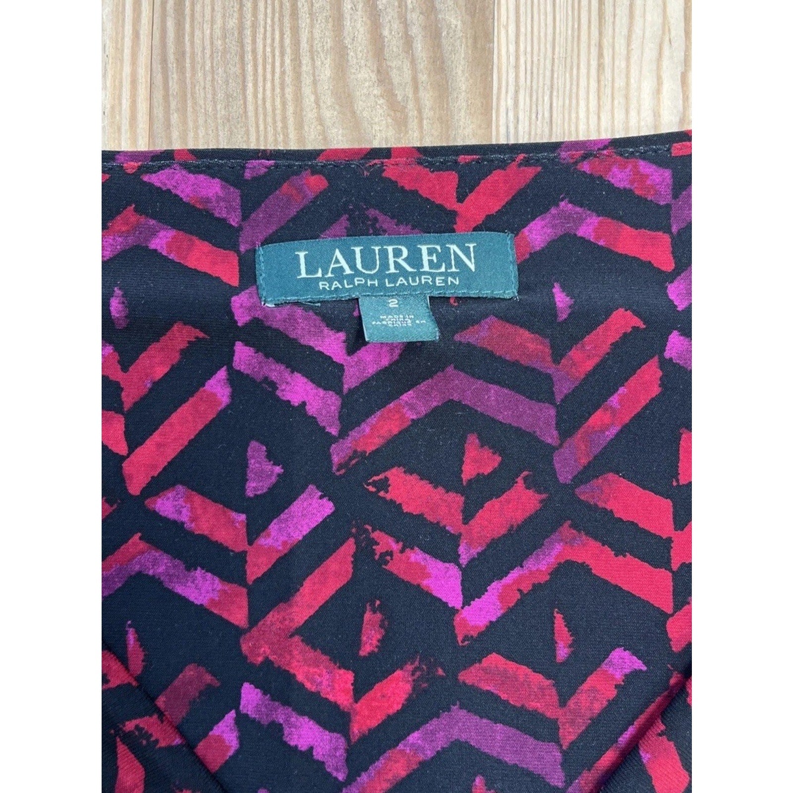 Lauren Ralph Lauren Womens Faux Wrap Dress Size 2 Geometric Red Black Ruched