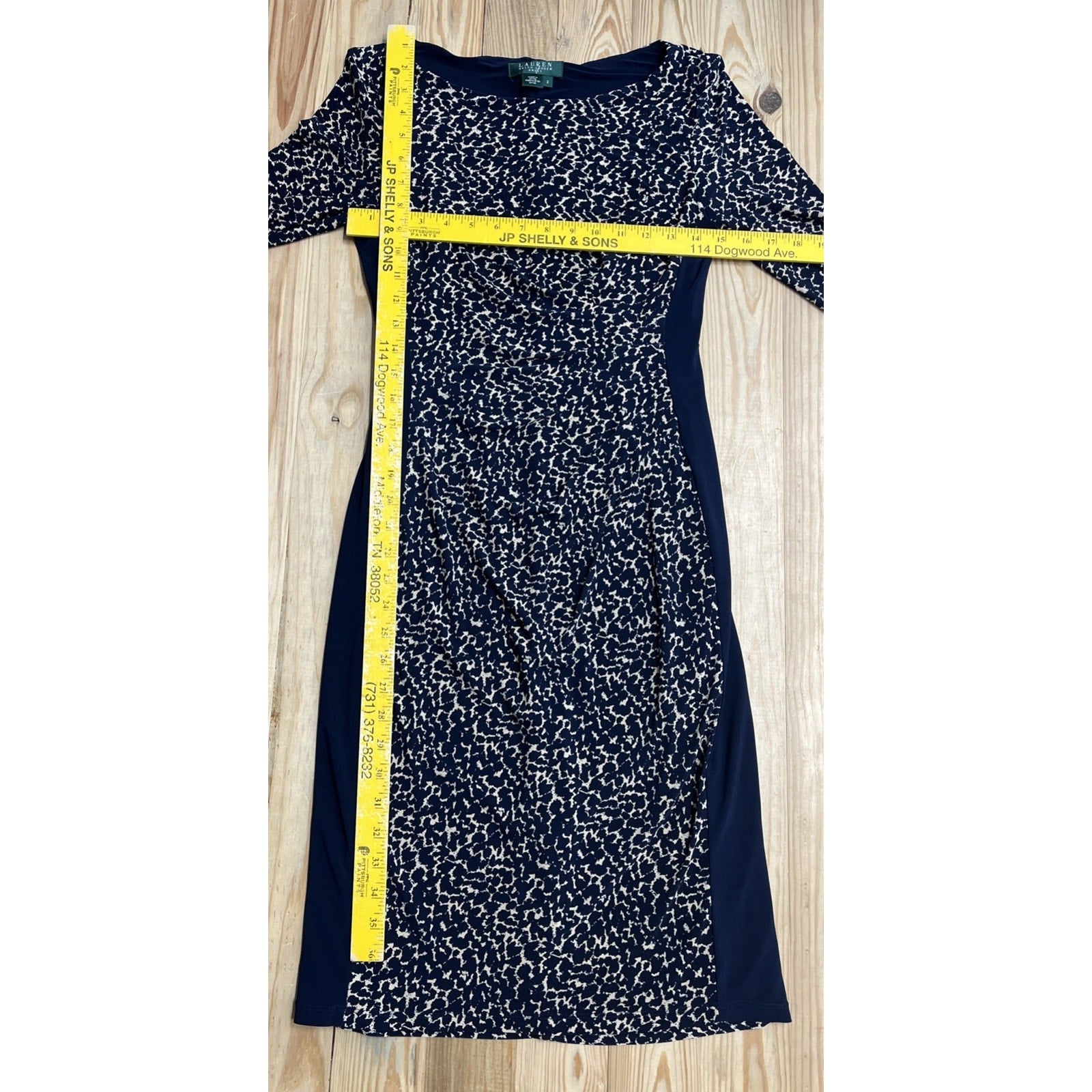 RALPH LAUREN Navy Blue Lined Ecru Dress Sz 2 Slimming Side Panels Ruched Detail
