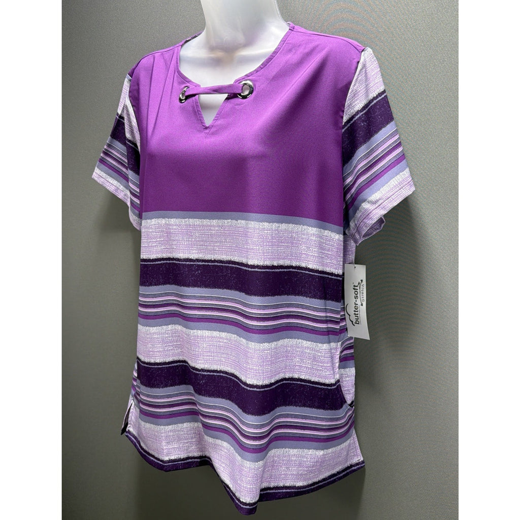 NEW ! BUTTER SOFT STRETCH MULTI COLOR PURPLE SCRUB TOP POCKETS SIZE L NWT