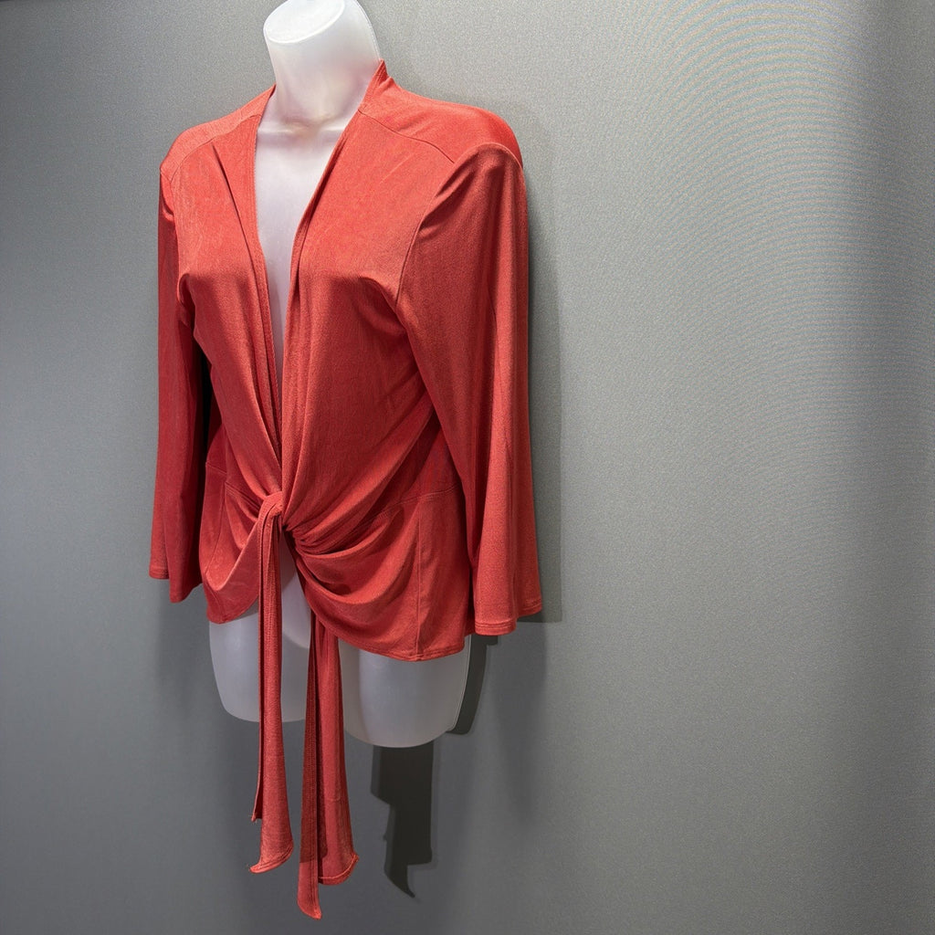 Vtg Chicos Travelers Womens Cardigan Sz L Red 3/4 Sleeve Tie Front Slinky USA