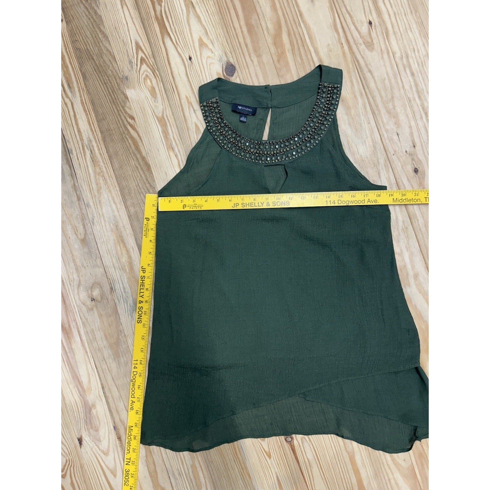 AB Studio Beaded Embellished Gauze Sleeveless Top Medium Asymmetrical Hem Green