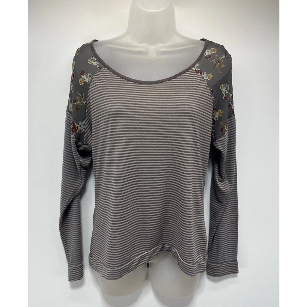 Mudd Top Womens Size M Gray Floral Striped Long Sleeve Boho Grunge Peasant