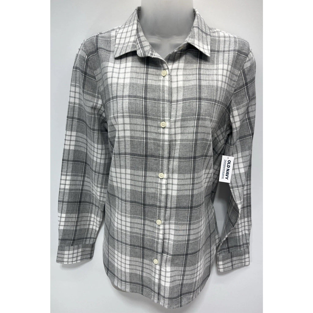 NWT Old Navy Womens Shirt Adult S Gray Flannel Classic Button Shirt Long Sleeve