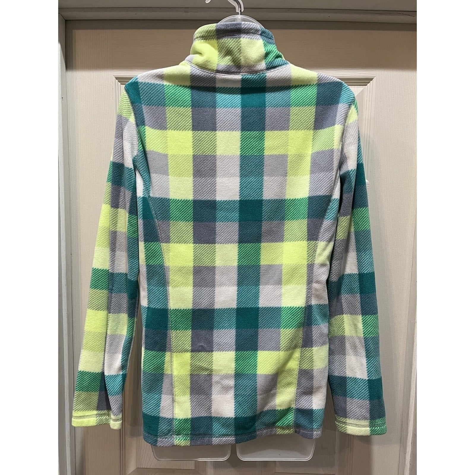 Old Navy Fleece Pullover Large Green Blue Plaid 1/4 Zip Jacket Sweater Women