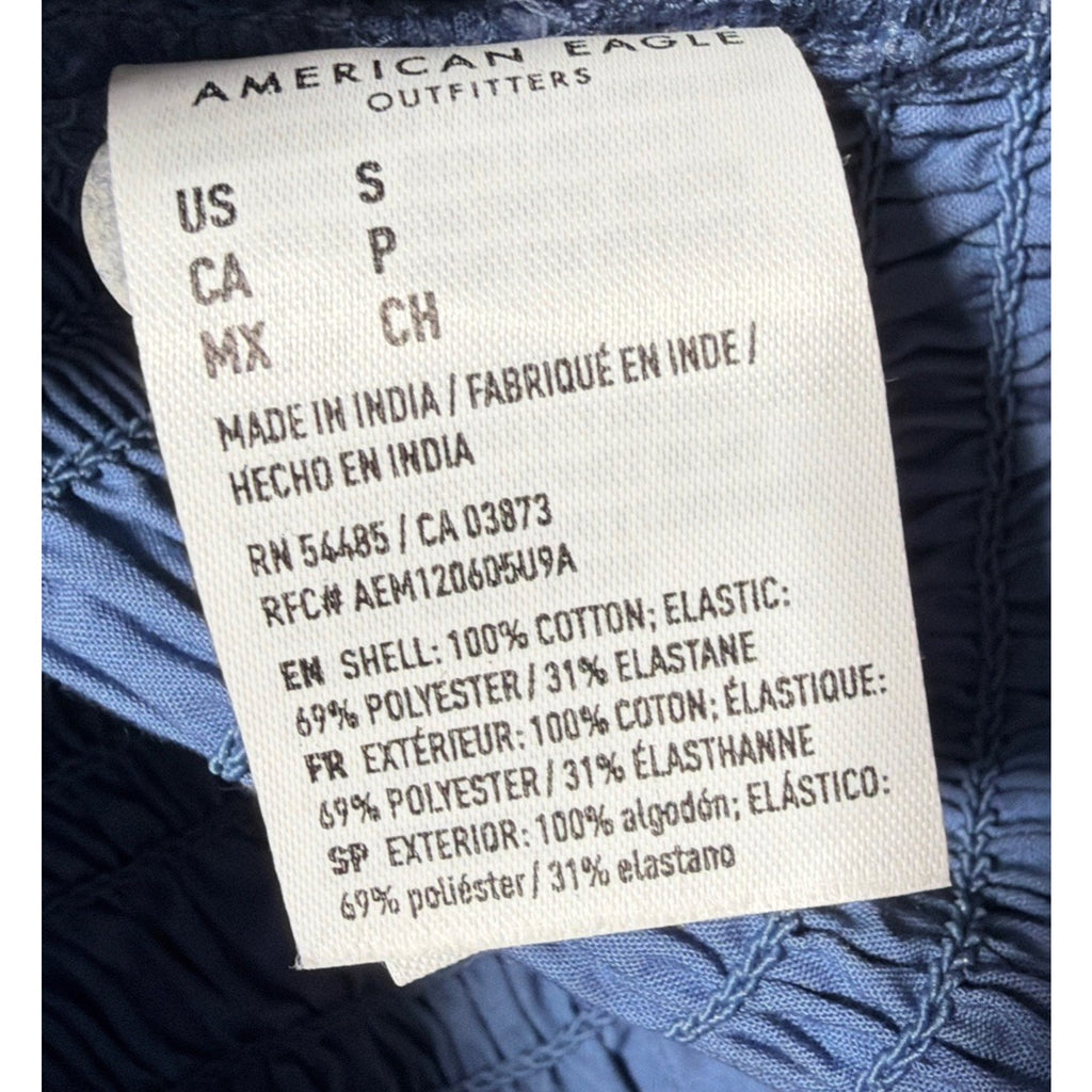 American Eagle (S) Smocked Shirred Crop Chambray Tank Top Blue Convertible