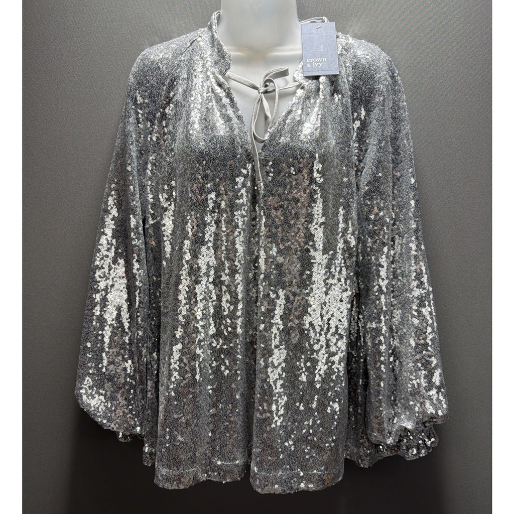 Crown & Ivy Silver Sequin Blouse 1X Lined Stretch Top Balloon Sleeve Sparkle NWT