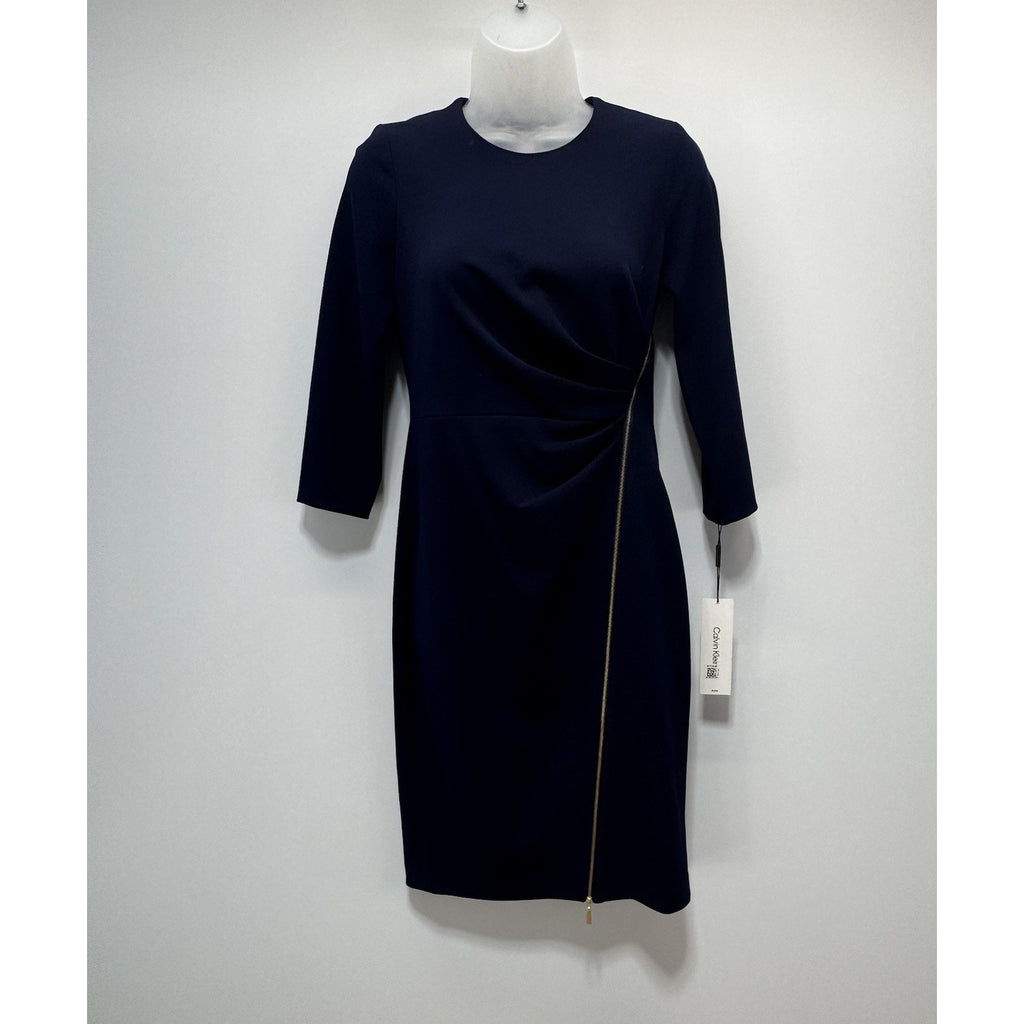 Calvin Klein Black Exposed Front Gold Tone Zipper Sheath Dress 3/4 sleeves 4P