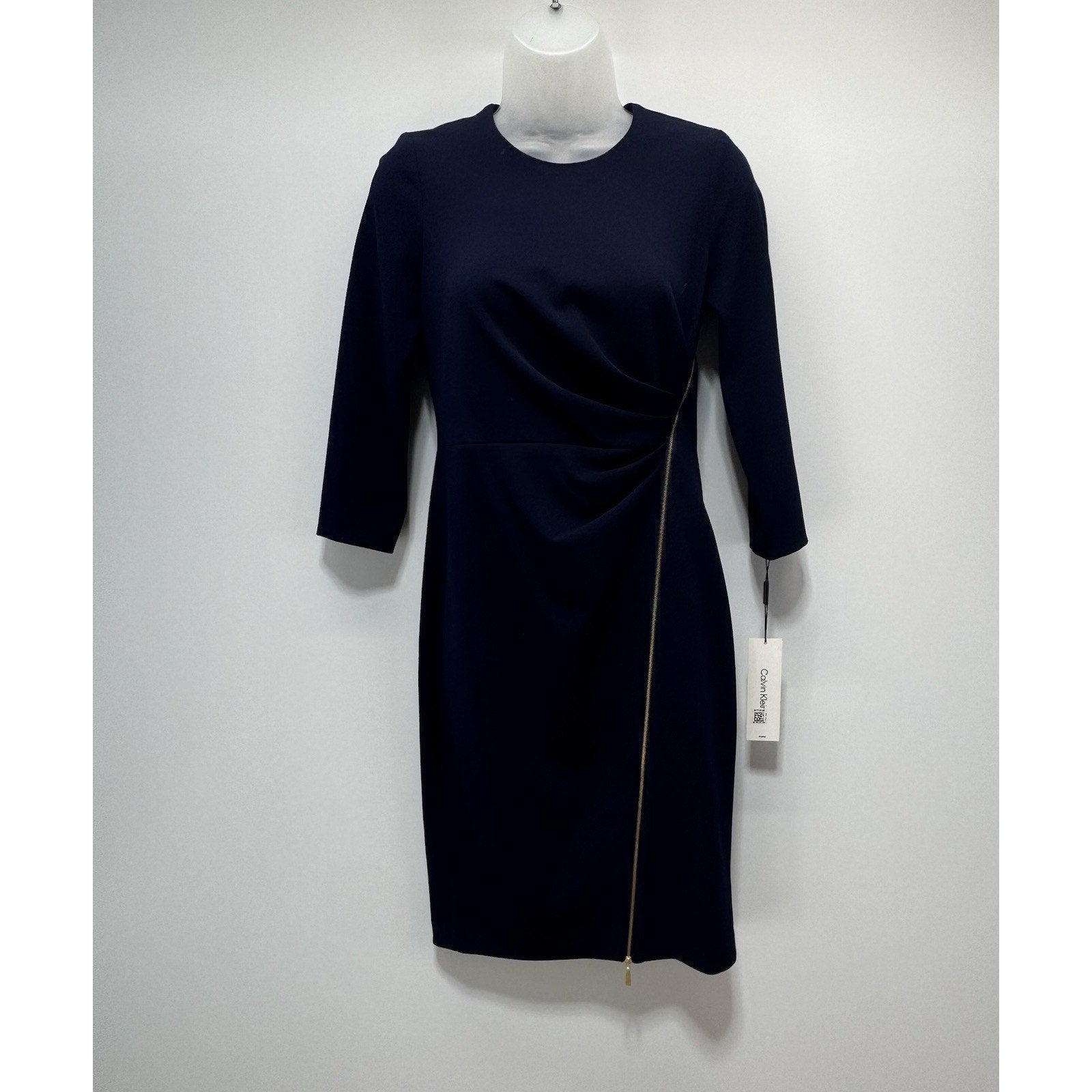 Calvin Klein Black Exposed Front Gold Tone Zipper Sheath Dress 3/4 sleeves 4P