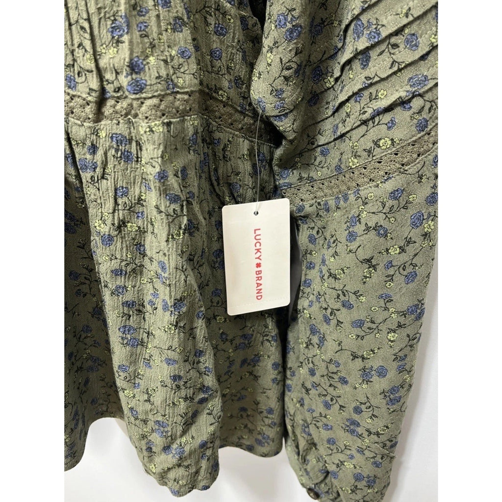 NWT Lucky Brand Blouse - Floral Print Boho Flowy Lace Trim Green Blouse -Size M