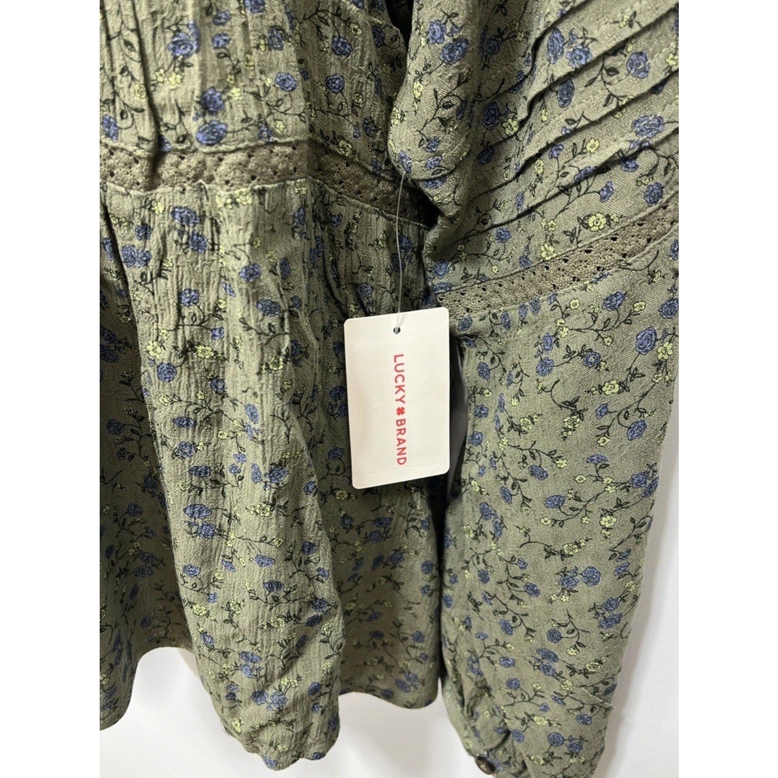 NWT Lucky Brand Blouse - Floral Print Boho Flowy Lace Trim Green Blouse -Size M