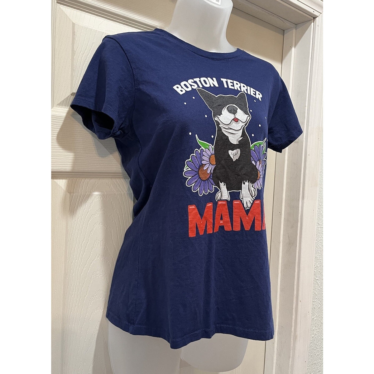 Port And Company Boston Terrier Momma Blue T-Shirt Women's Size Small Flower Dog
