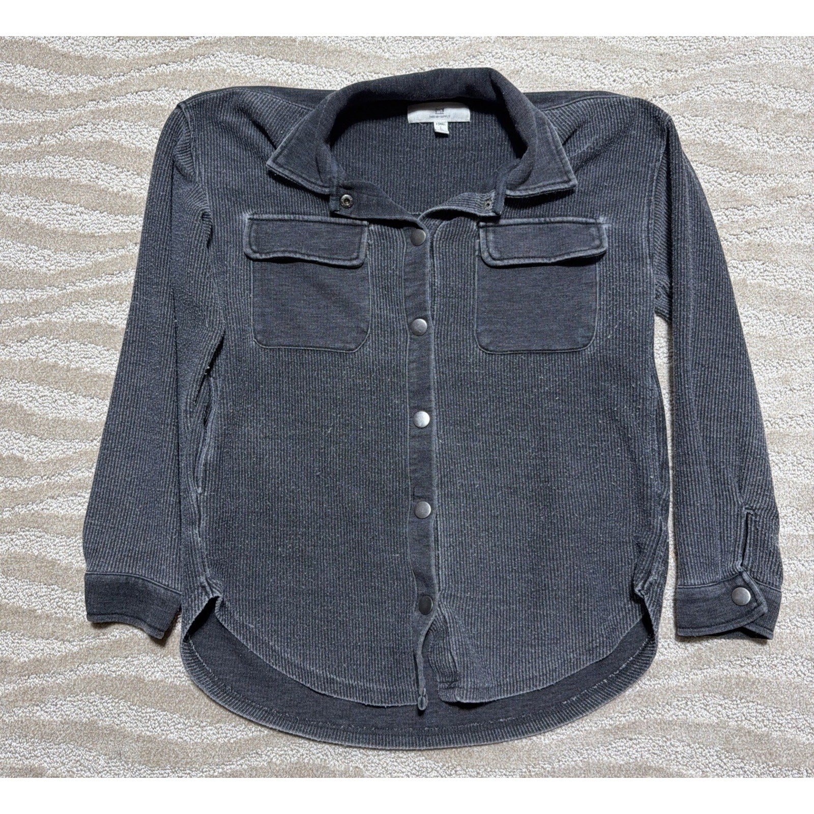 Thread and Supply Vintage Black Button-Up Terry Shirt Shacket XS Pockets