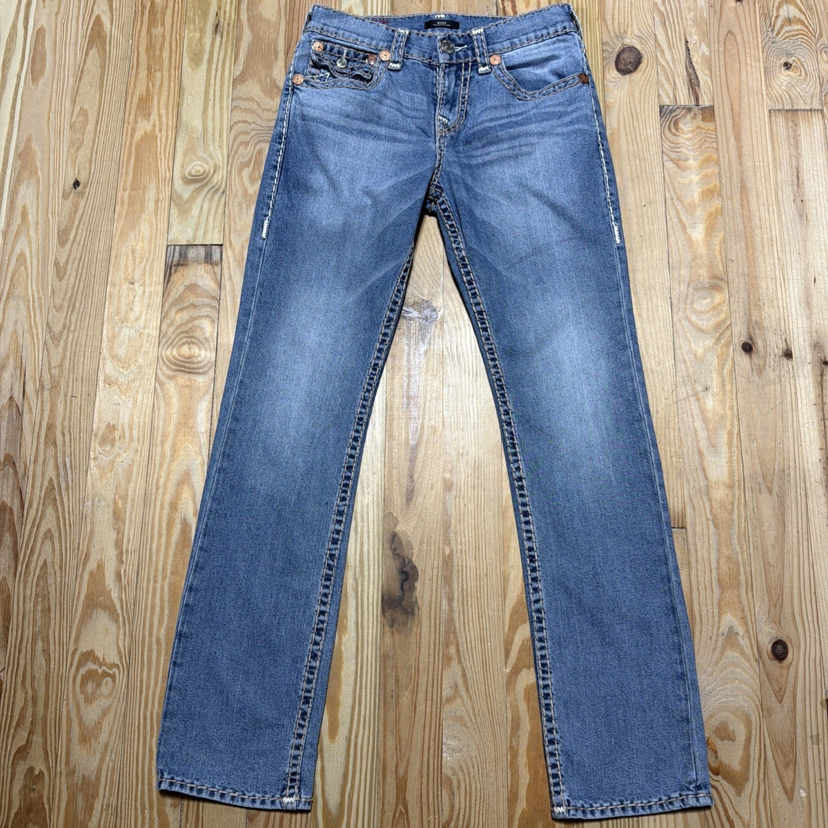 TRUE RELIGION MENS 30 RICKY STRAIGHT LEG FLAP POCKET THICK STITCH DENIM JEANS