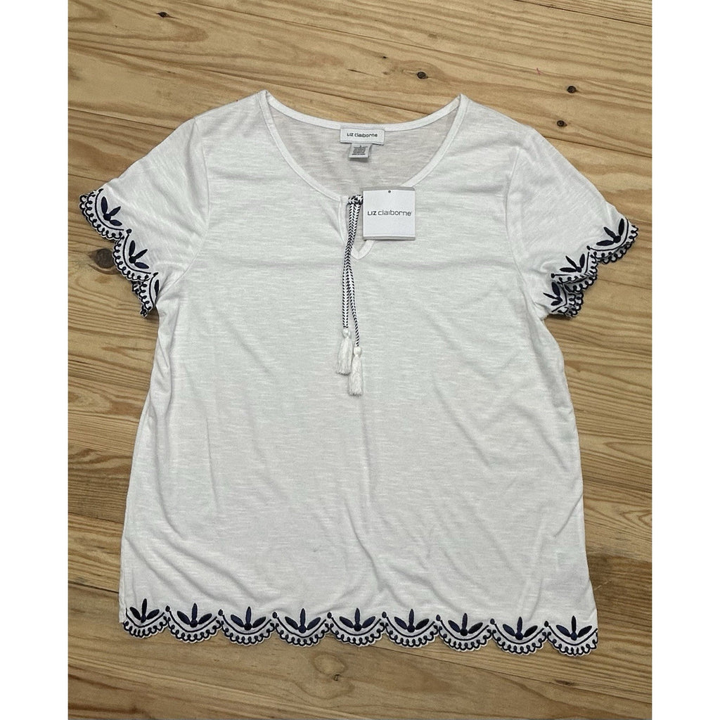 Liz Claiborne Top Womens Large White With Blue Trim Pullover Short Sleeves NWT.