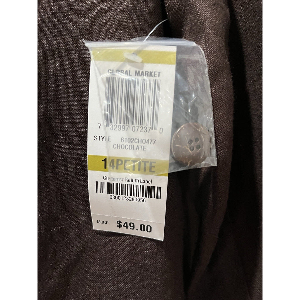 JM Collection 14P 100% Linen Chocolate Brown Collarless Button Front Jacket NWT
