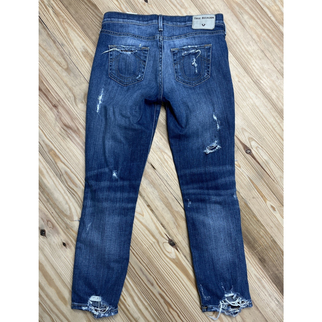 Womens True Religion Straight Mid Rise Distressed Blue Jeans size 26