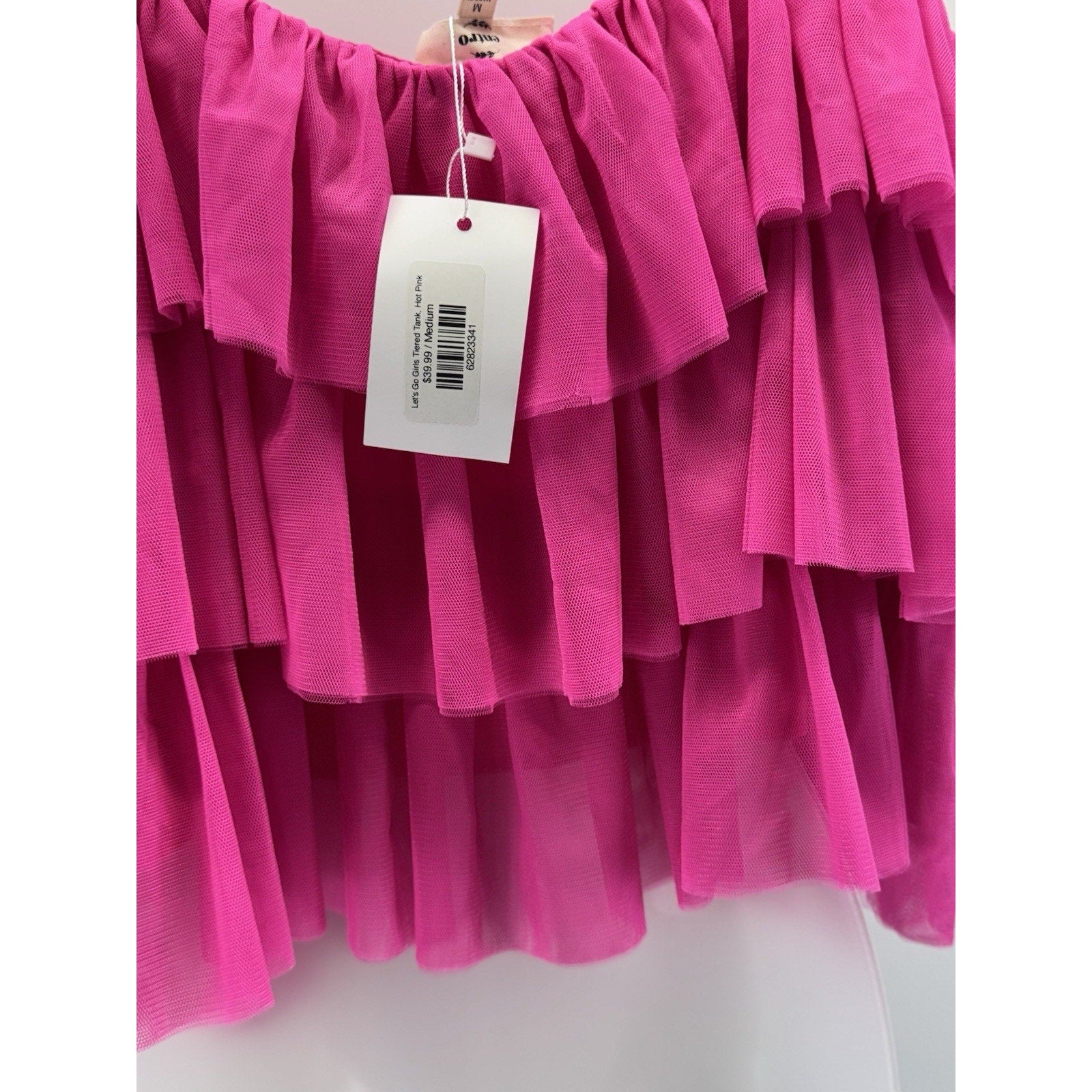 Entro Hot Pink Tiered Ruffle Tank Top Tulle Ribbon Straps Women’s Size Medium