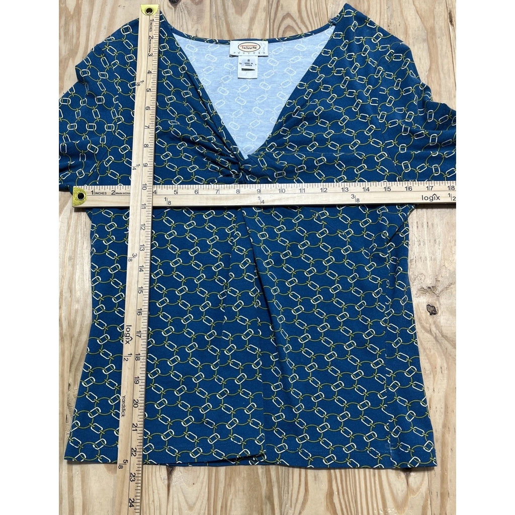Women's Small Talbots Blue Chain Link Design 3/4 Sleeve Knit Blouse