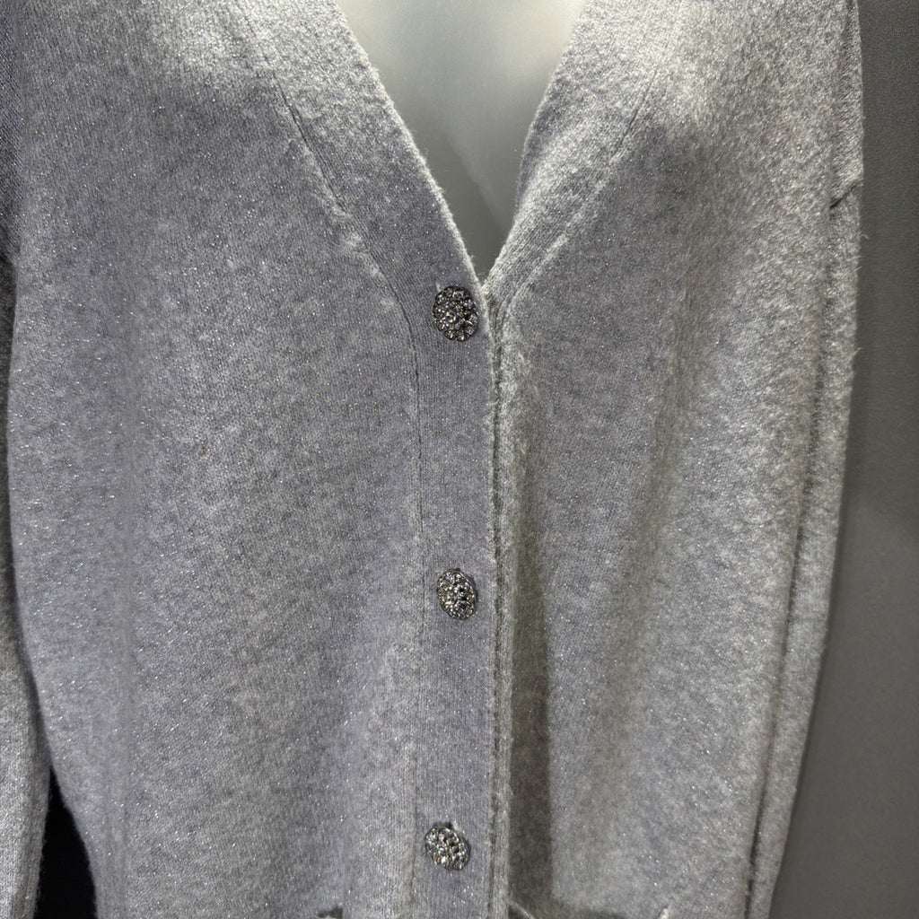 Talbots Jewel Button Cardigan Medium Gray Silver Metallic Shimmer soft cozy