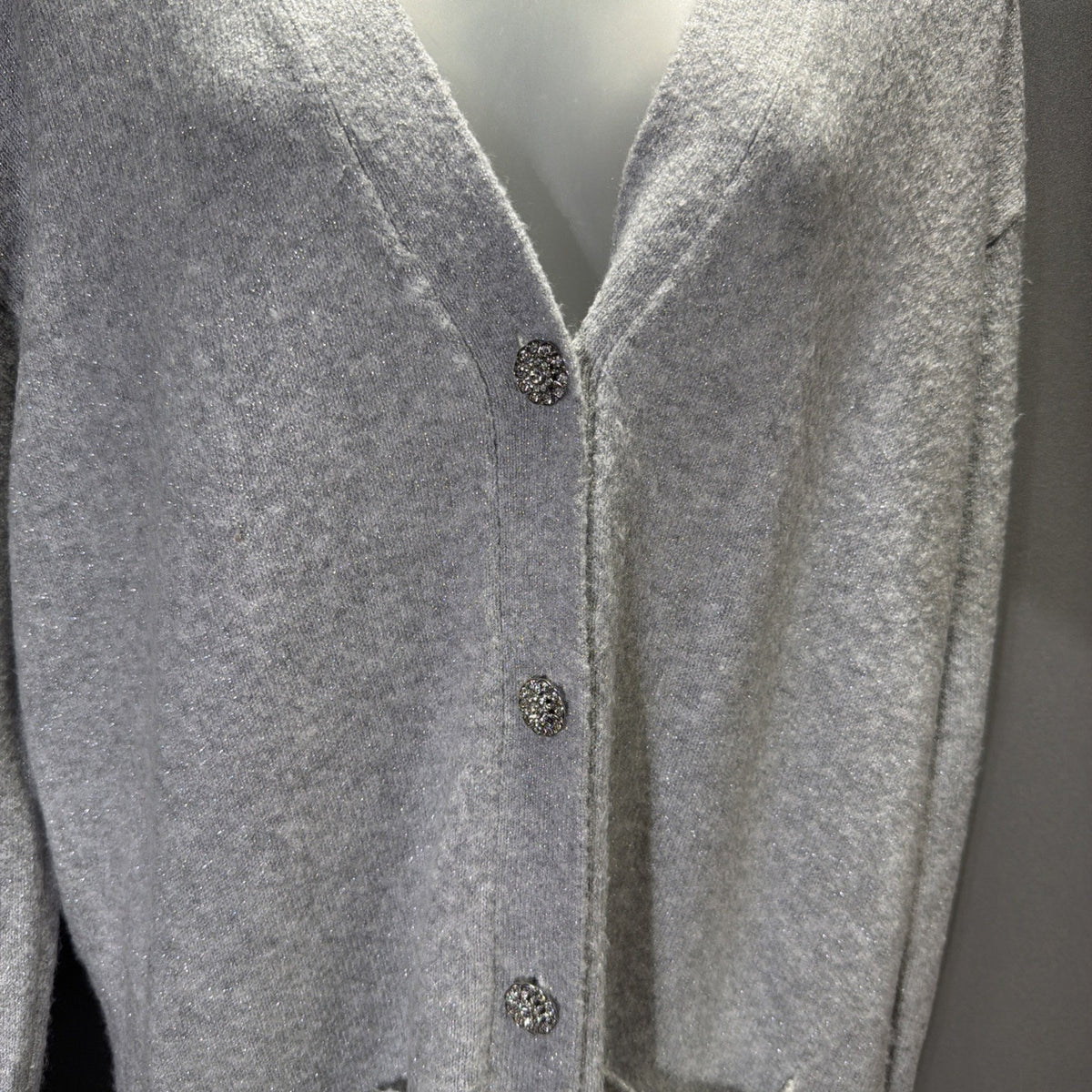 Talbots Jewel Button Cardigan Medium Gray Silver Metallic Shimmer soft cozy