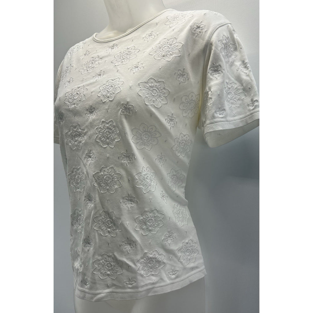 TALBOTS Women's 100%Cotton Short Sleeve Top Embroidered Solid White Size Medium