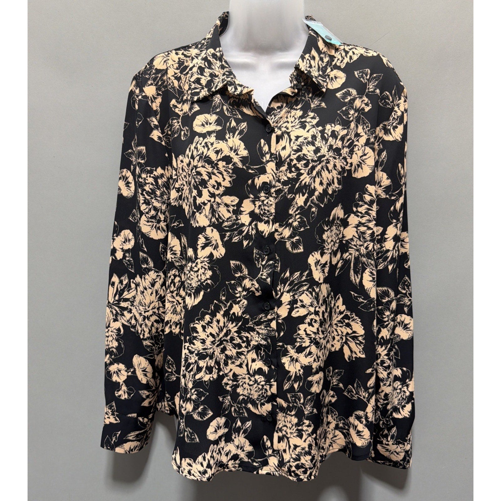 Maurices Black Sheer Floral Blouse Long Sleeve Button Down Womens Size L NWT