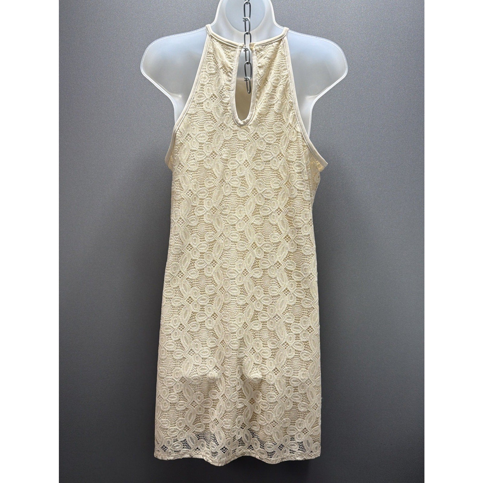 Love Fire Ivory Lace Halter Shift Dress Womens L Sleeveless Lined Boho Mini