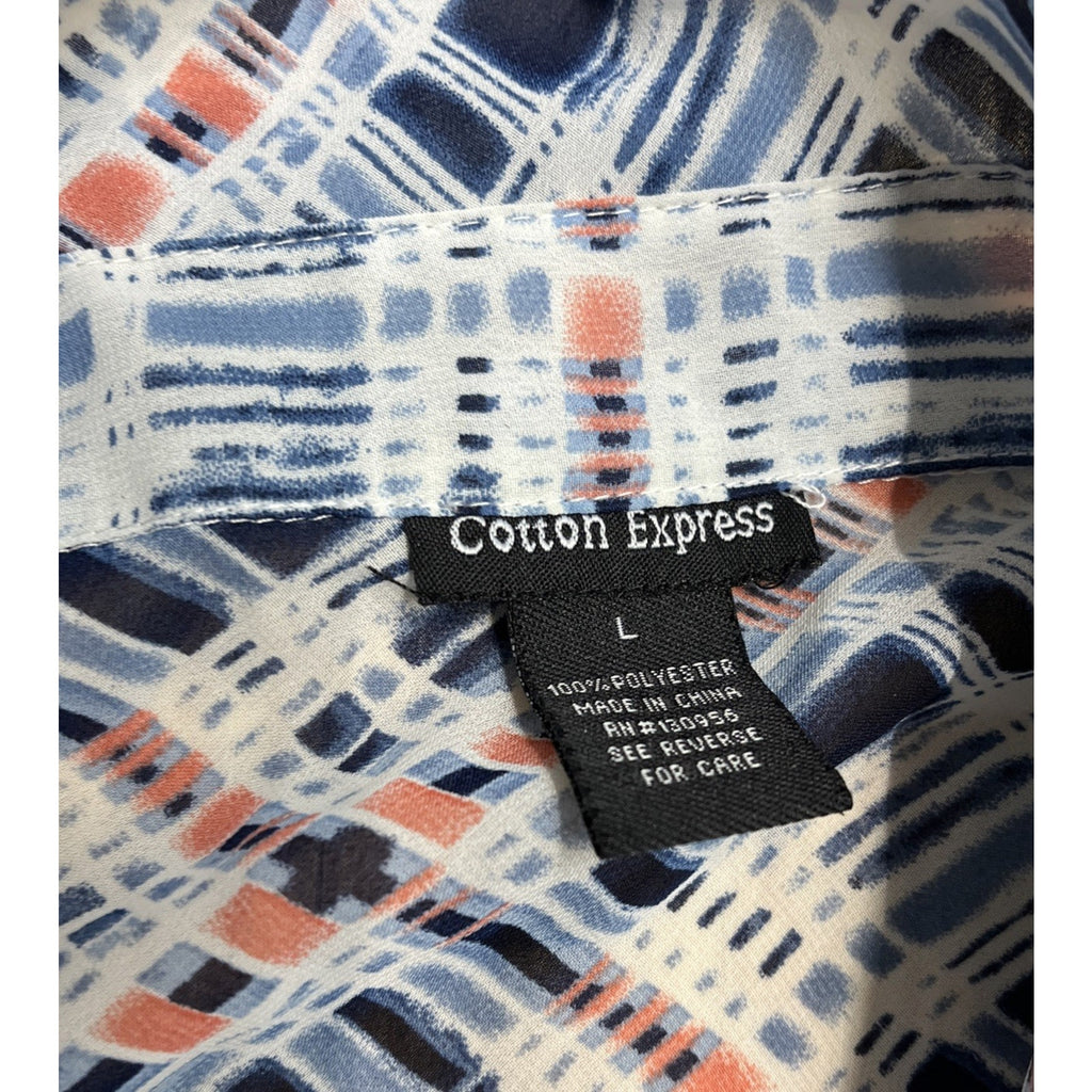 COTTON EXPRESS BLUE AND WHITE PLAID SHIRT ROLL TAB SLEEVES Button Back WOMENS L