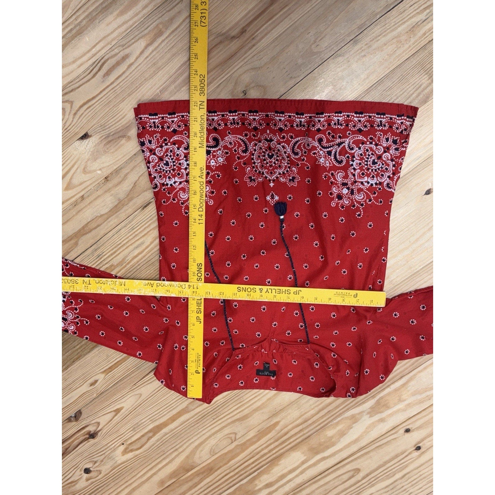 Talbots Red Top Boho Artsy Print Stretch Blouse Tie Front Handkerchief Blouse S