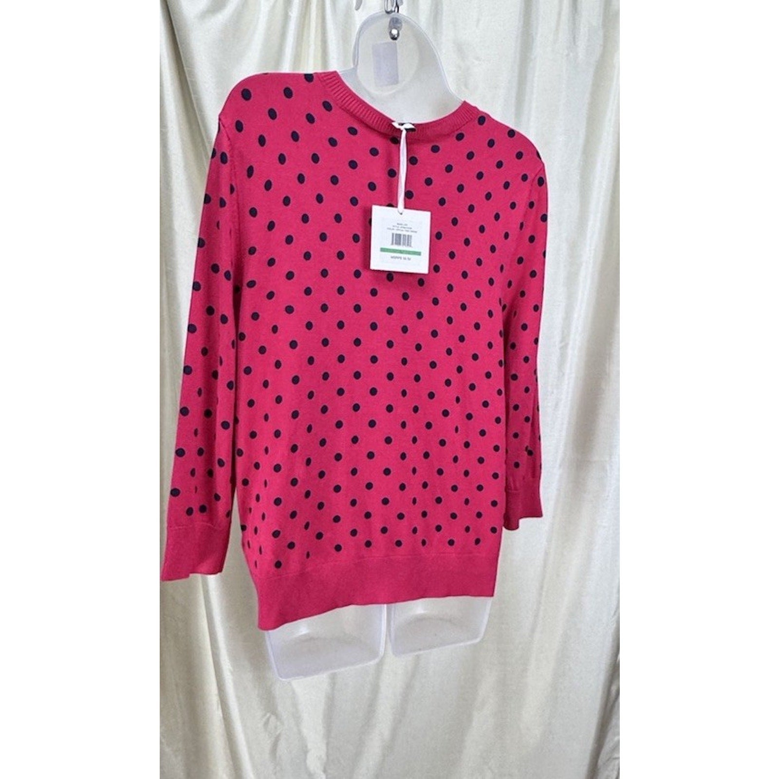 Ellen Tracy Women's Cardigan Sweater Size Large Pink Blue Polkadots 3/4 Sleeve