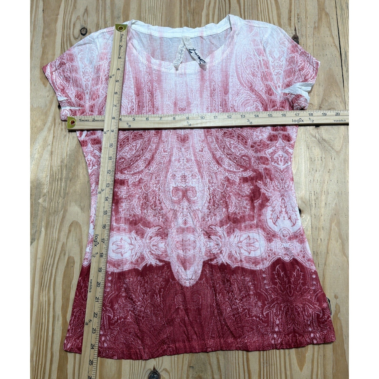SEVEN7 Red White Fade Paisley Floral Boho Tie Dye Short Sleeve T Shirt Medium S5