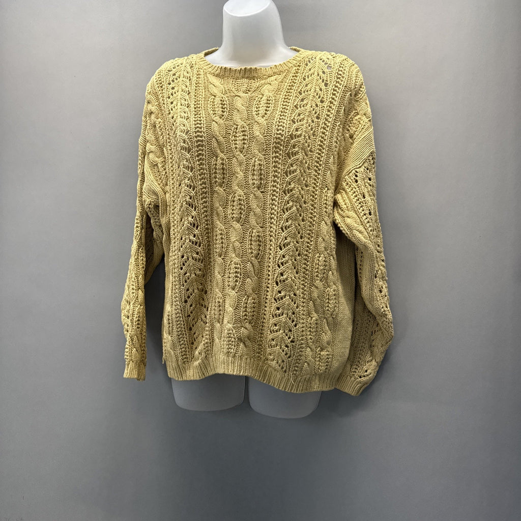 Merona Vintage Silk Cotton Yellow V-Neck Cable Knit Sweater Women’s Size Large