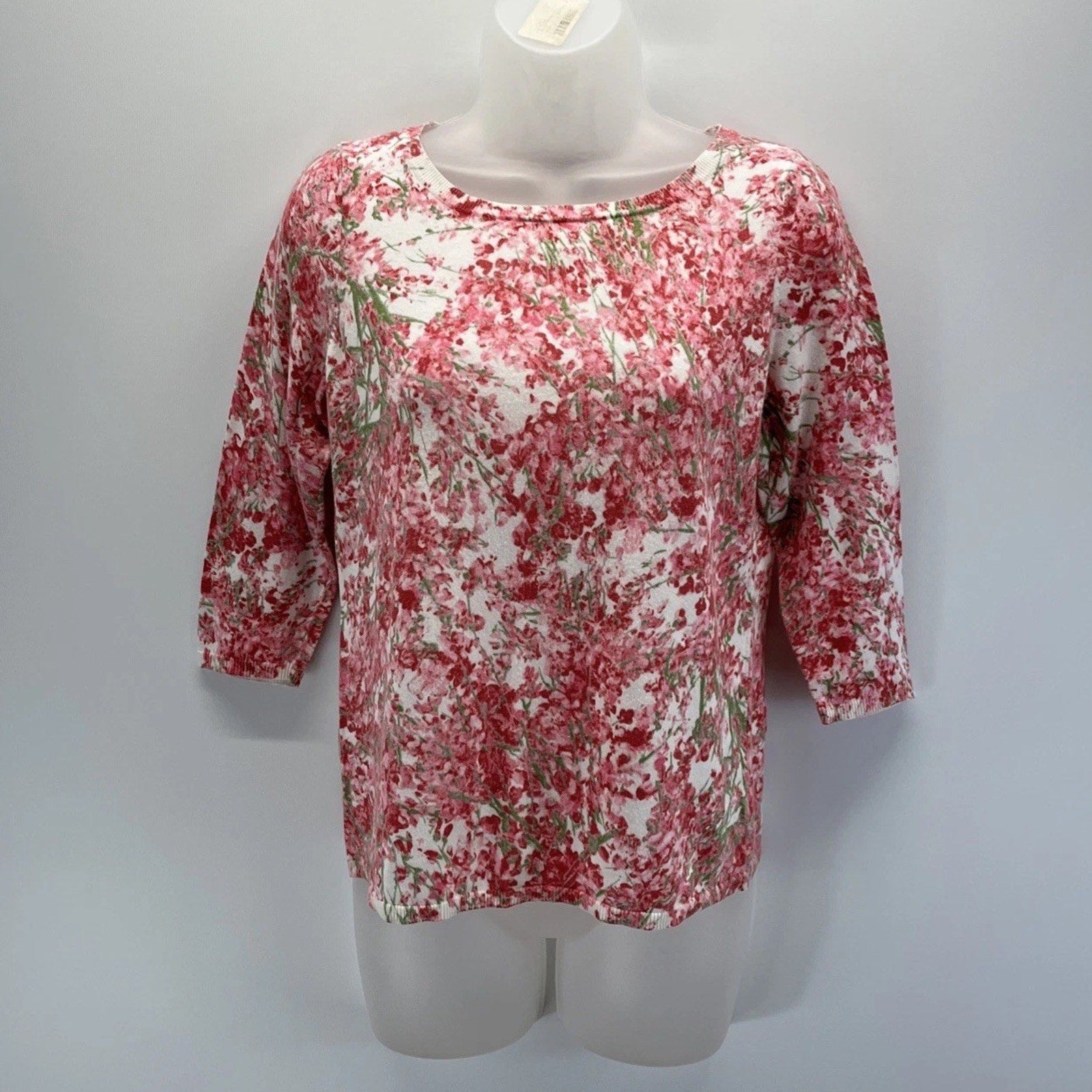 Talbots Women's Petite M Top Pink Red Floral 3/4 Sleeve Cotton Rayon
