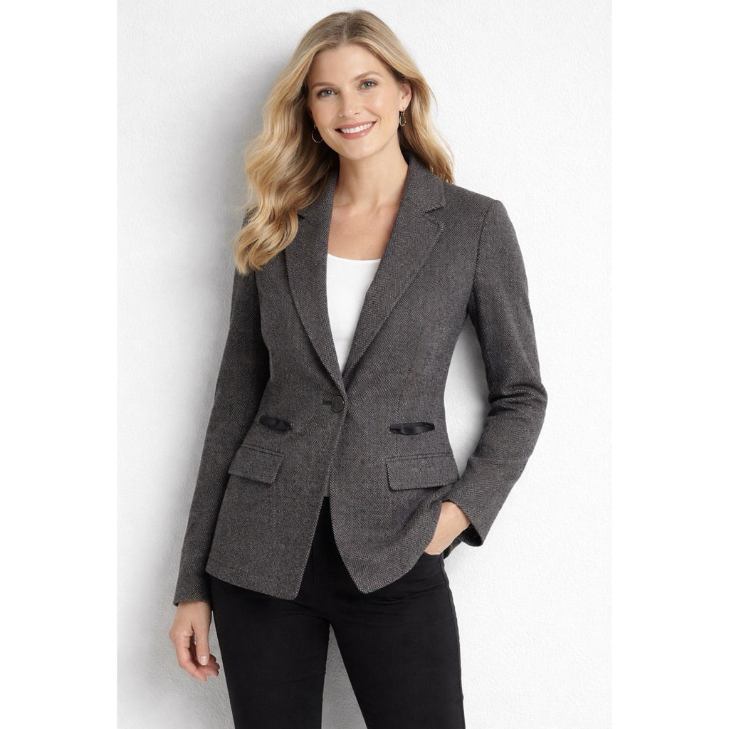 NWT White House Black Market Herringbone Knit Blazer Jacket Gray Bloodstone S