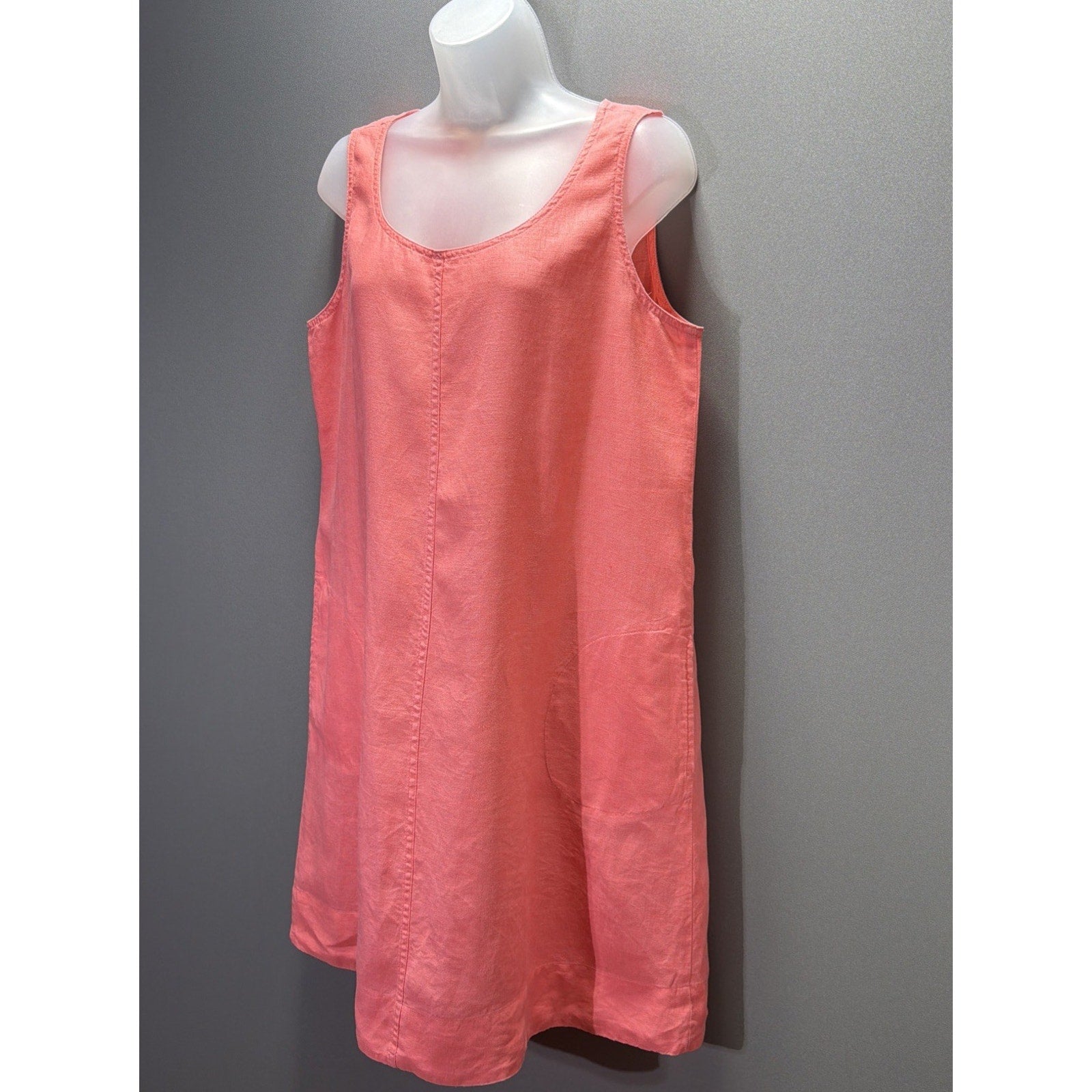 J Jill Love 100% Linen Coral Pink Shift Dress Medium Sleeveless Pockets
