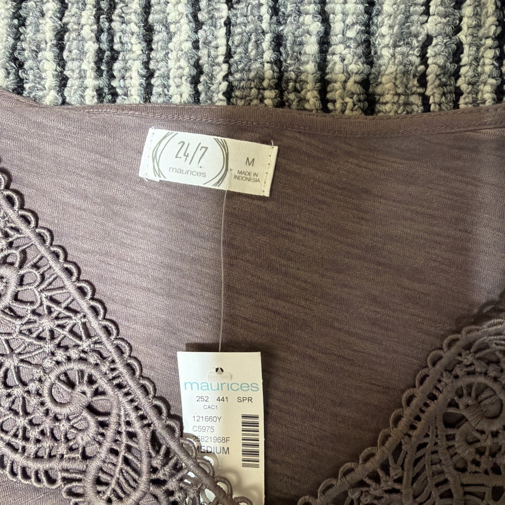 NWT MAURICES BLOUSE SHORT SLV CROCHET V-NECK SHIRT Purple SOFT TOP M